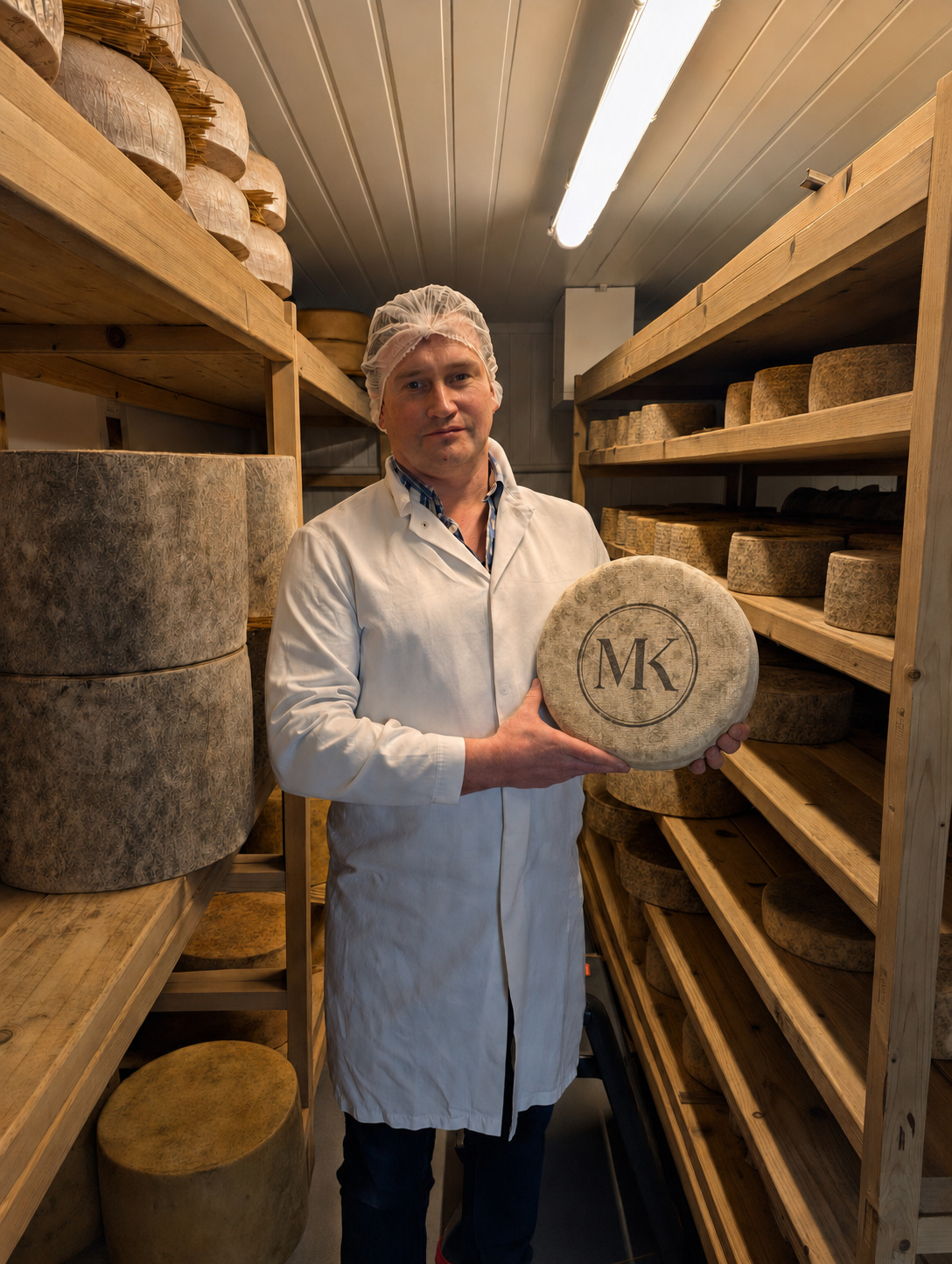 Martin Knapp holding a clothbound cheese in a cheese maturation room